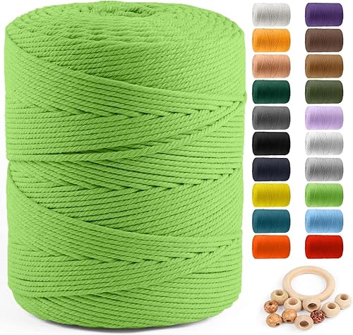 ZUEXT Cordón de algodón para macramé de 4 mm x 500 m, ZUEXT Cordones trenzados naturales hechos a mano en verde manzana de 4 hebras, cuerda de lana