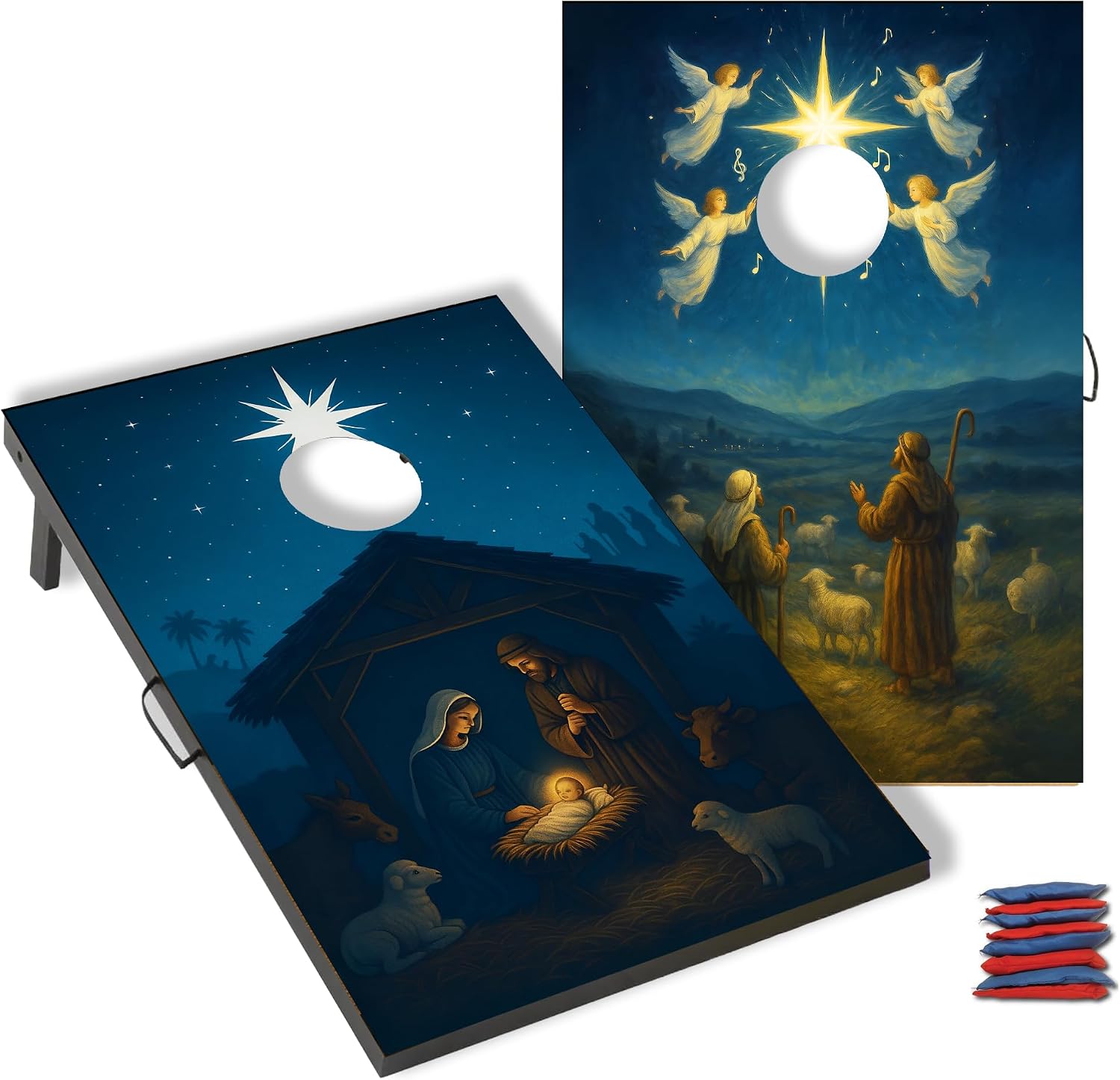 VictoryStore Nativity Cornhole Bag Toss Game 24x36” – Christian Christmas Outdoor Game Set | Includes 2 Wood Boards & 8 Bean Bags