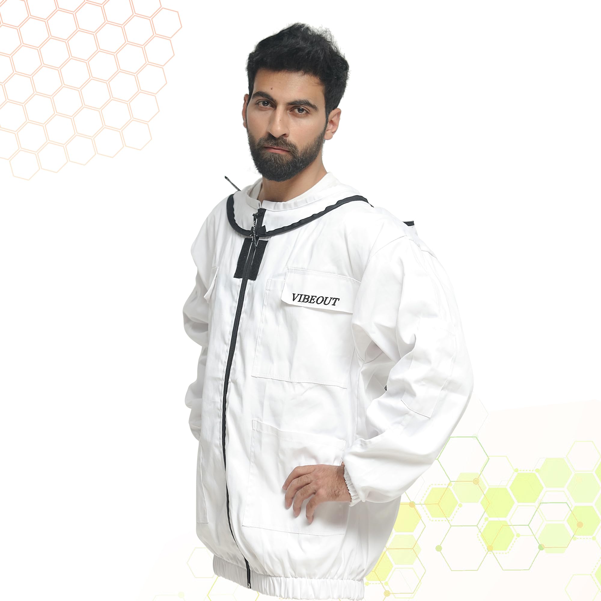 Giacca da apicoltore in cotone Giacca da apicoltore professionale Rotonda e scherma Cappuccio con cerniera a doppio velo Cappello Giacca protettiva per vespa a prova di puntura (Bianco, Medium)