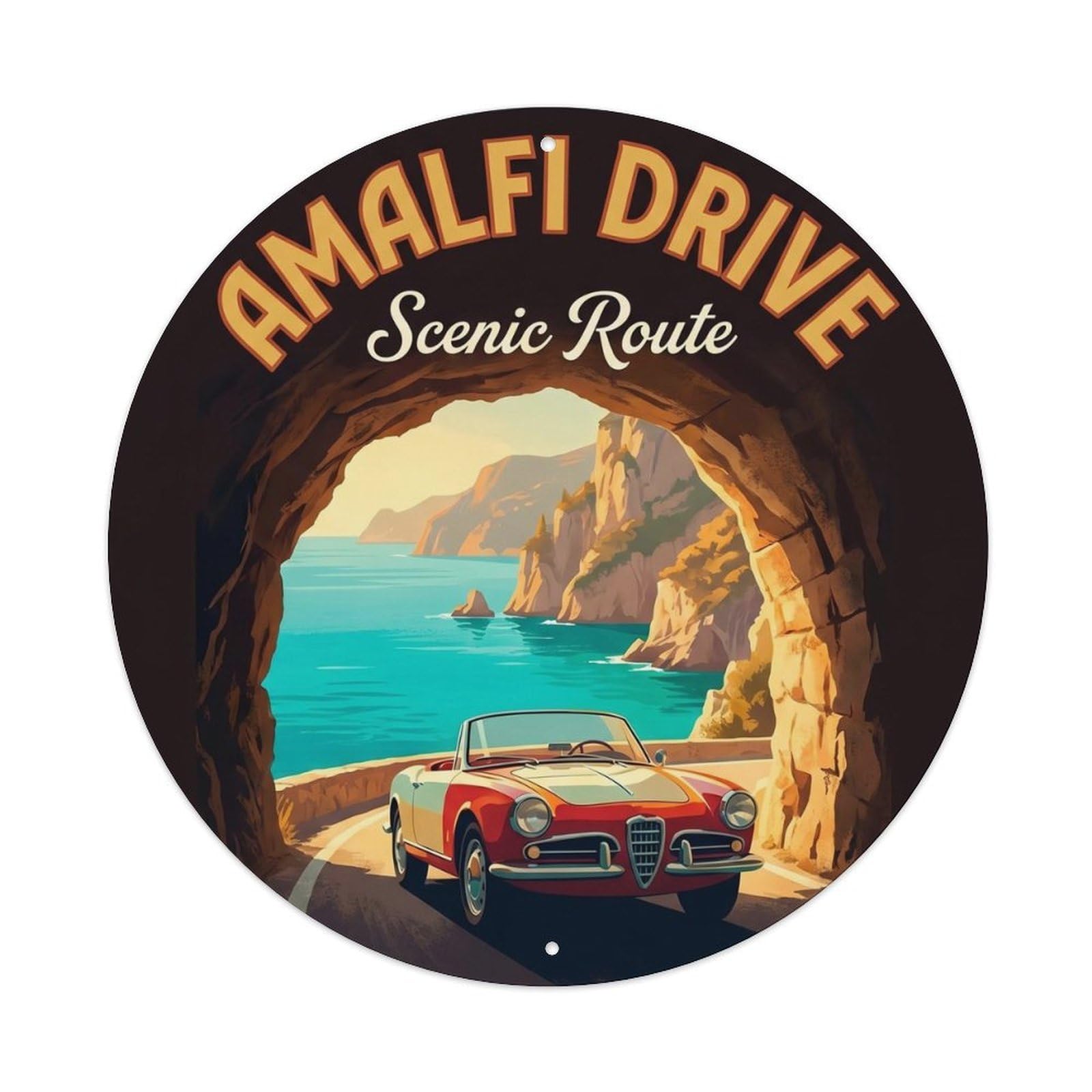 Amalfi Landmark Coastal Tunnel Road City Europe Classic Metal Tin Sign Plaque Wall Decor for Cafe, Man Cave, Club Bar, Office, Home Garden Round Metal Poster 8x8Inch