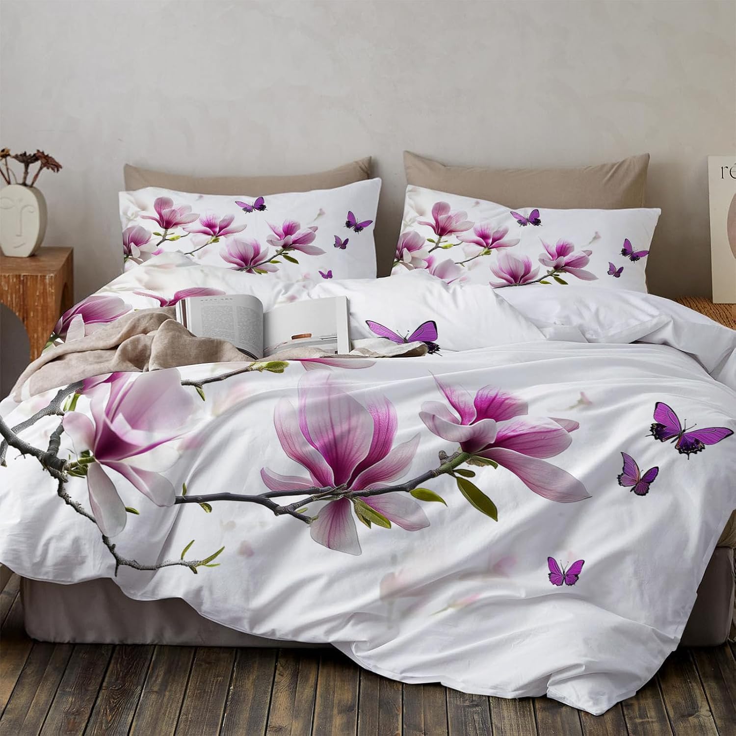 Apricot Butterfly Print Duvet Cover Animals and Plants Texture Bedding Size,Reversible Solid Color Classic Color Printed Plaid Duvet Cover