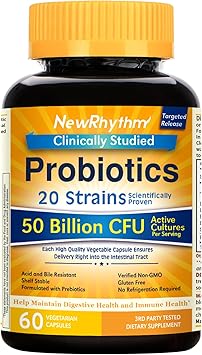 NewRhythm Probiotics 50 Billion CFU 20 Strains, 60 Veggie Capsules, Targeted Release Technology, Stomach Acid Resistant, No Need for Refrigeration, Non-GMO, Gluten Free