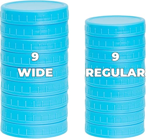 Paquete de 18 unidades de tapas para tarros Mason con anillos de silicona, 9 de boca ancha y 9 de boca regular, tapas gruesas a prueba de fugas para