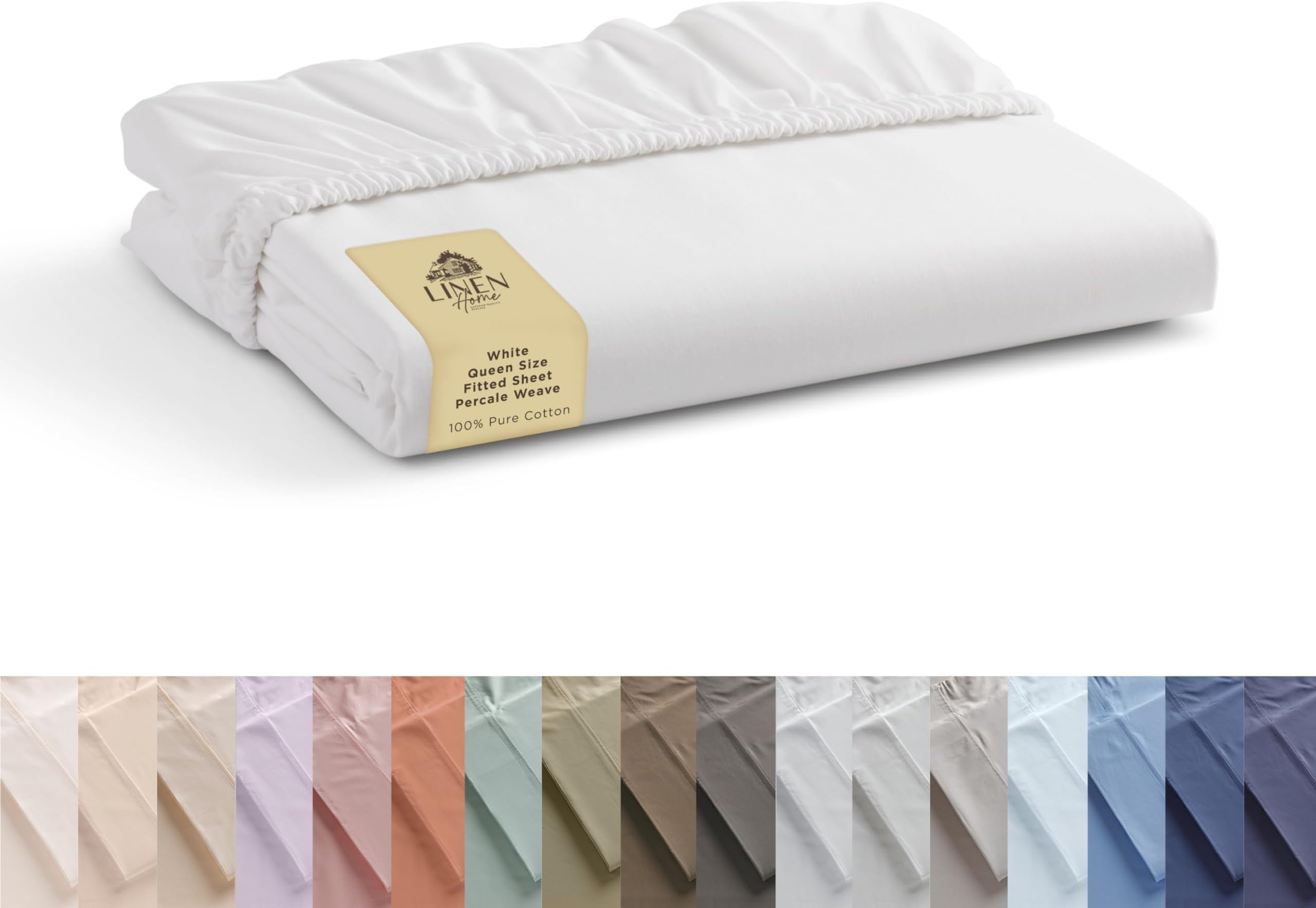 Linen Home 100% Cotton Percale Weave Fitted Sheet, Queen Size, White, 1 Deep Pocket Fitted Sheet, Fits Mattress Upto 16" Crisp and Cool Strong Bed Linen, 60"X80"+15"