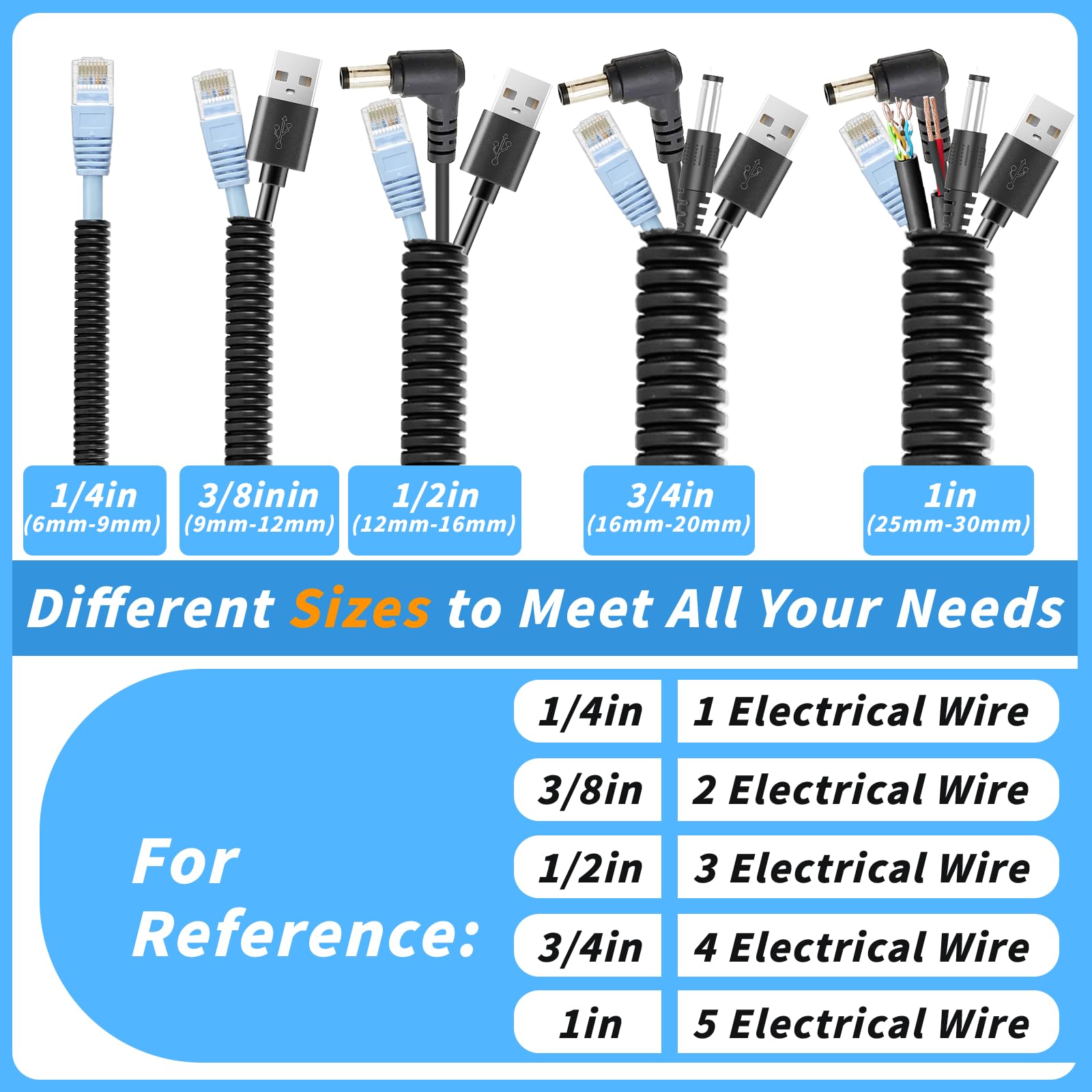Oleitodh Tubo di protezione per cavi elettrici, 1/4,3/8,1/2,3/4,1 pollici x 6,1 m, protezione per cavi elettrici per auto, nautica, camper, agricoltura