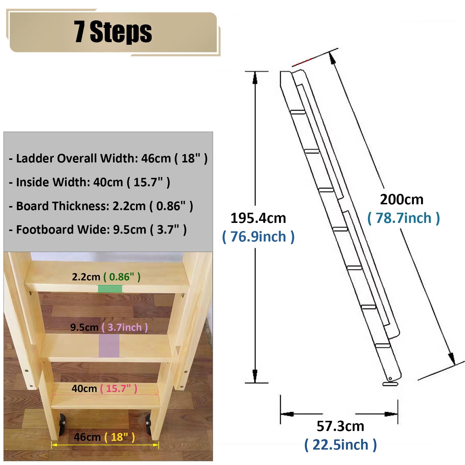 Escalera alta de madera para litera de 6.5 pies con peldaños de 3.7 pulgadas de ancho, escalera de repuesto para camas elevadas de 3 a 7 escalones, ideal para remolques de viaje y escuelas y segura
