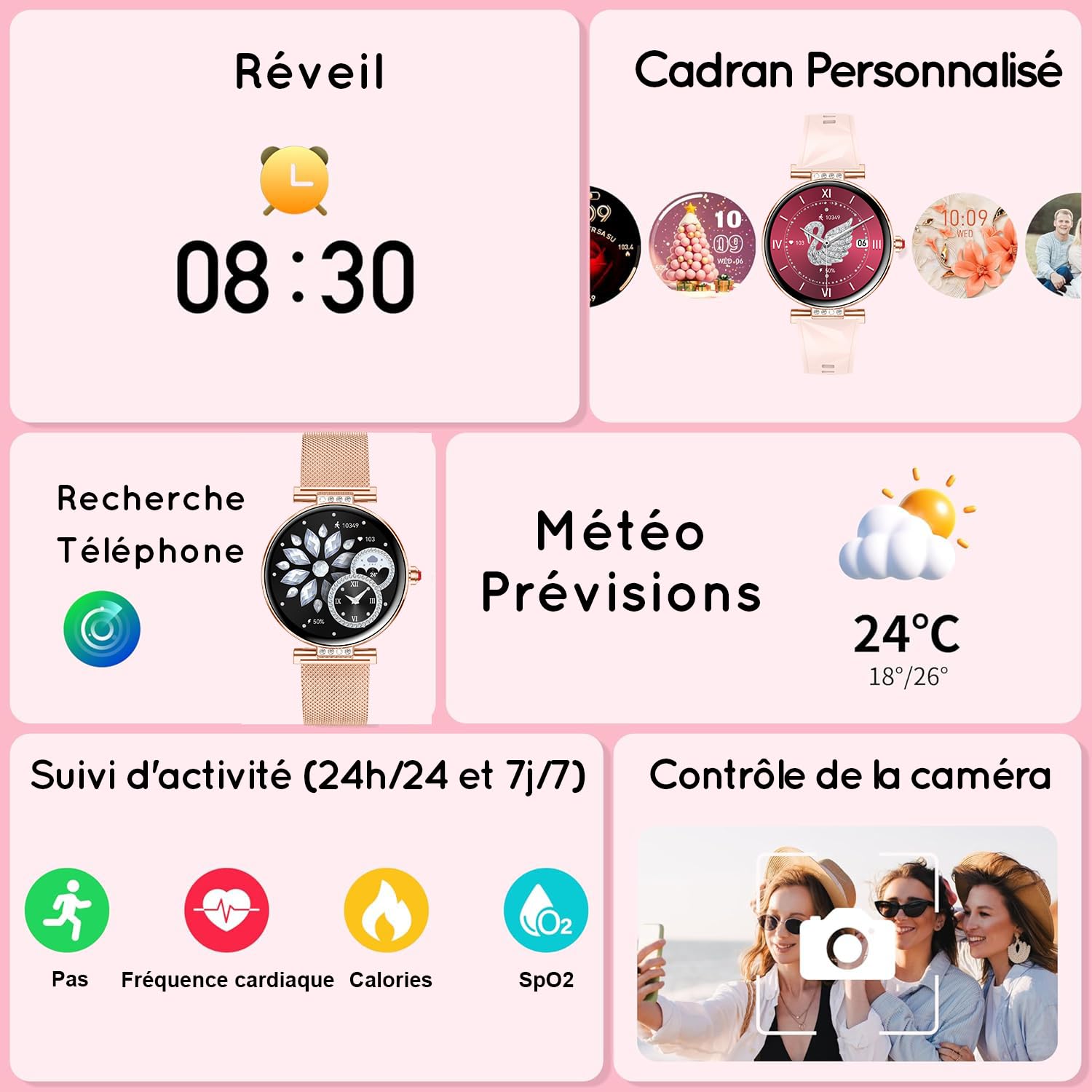 Montre Connectée Femme 1,19" AMOLED 3 Bracele Petit Poignet Appel Bluetooth | Smartwatch Fitness Podomètre ave Fréquence/SpO2/Sommeil Montre, 120+ Sport Modes Compatible Android iPhone, Or Rose
