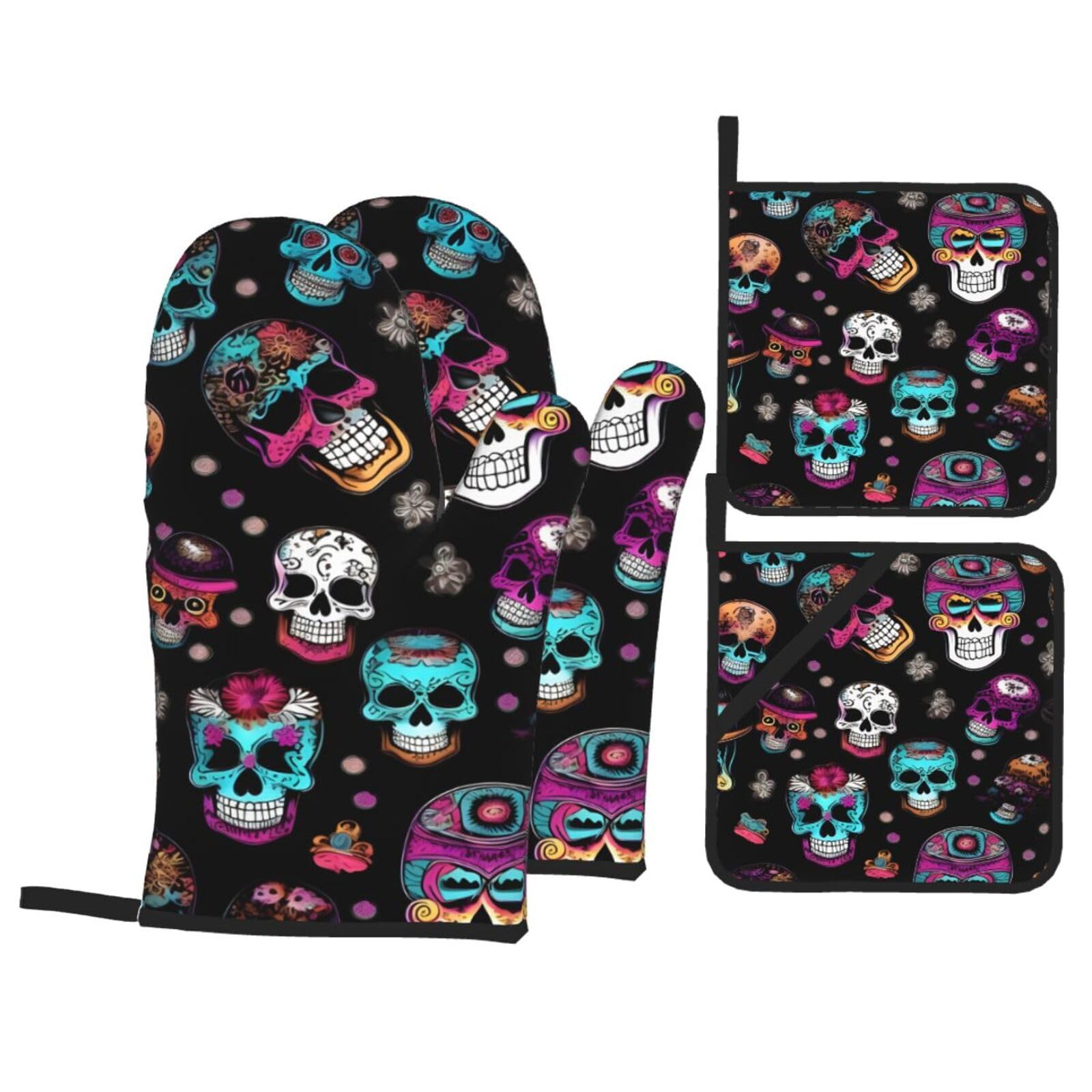 Sugar and Skulls Style Print 4-Piece Oven Microwaving Set Kitchen Gloves for Holiday Cooking Baking Grilling