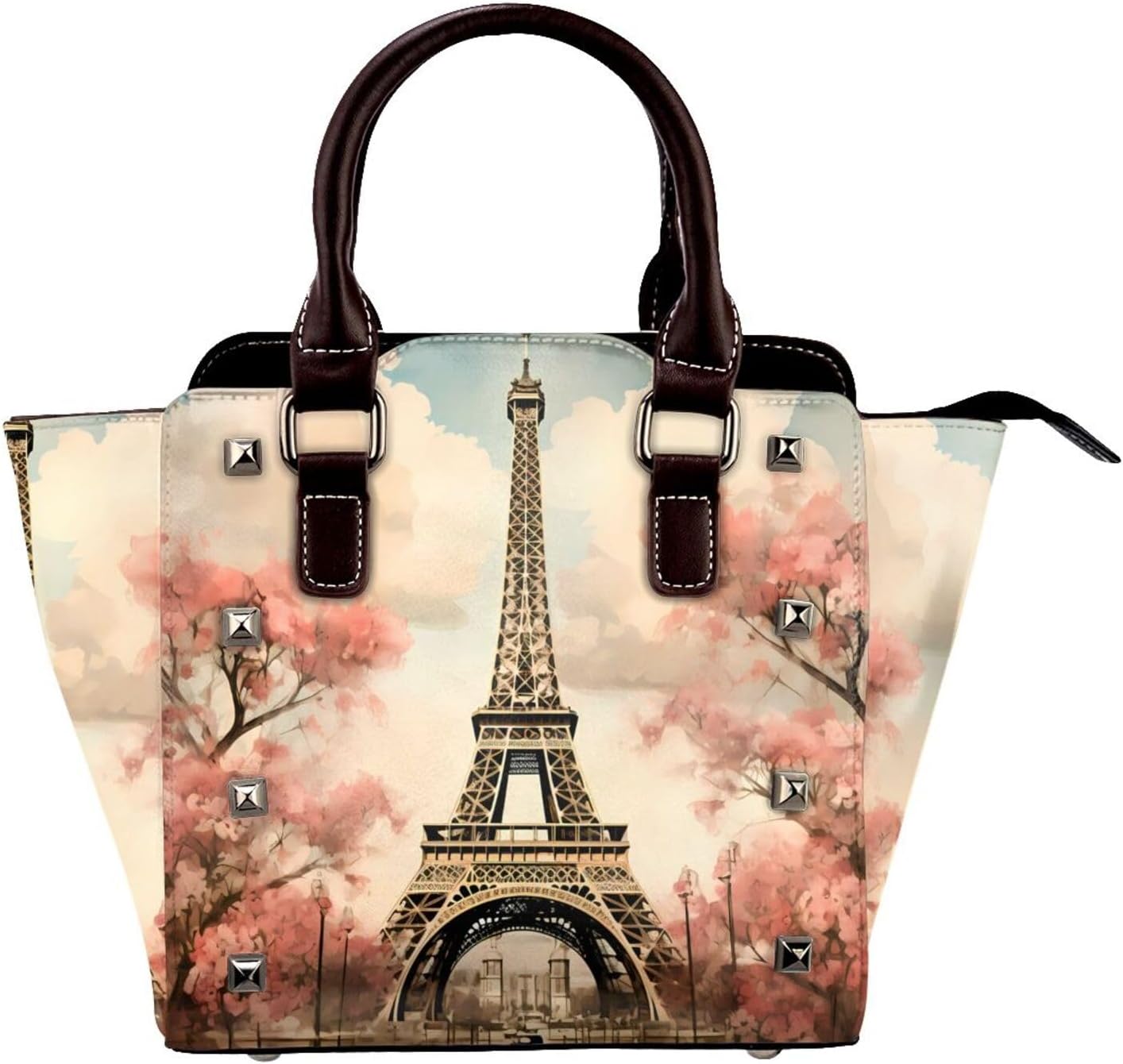 Leather Shoulder Bag for Women, Paris Eiffel Tower Studded Purse Romantic Paris Crossbody Handbags Punk Hobo Bag with Adjustable Strap