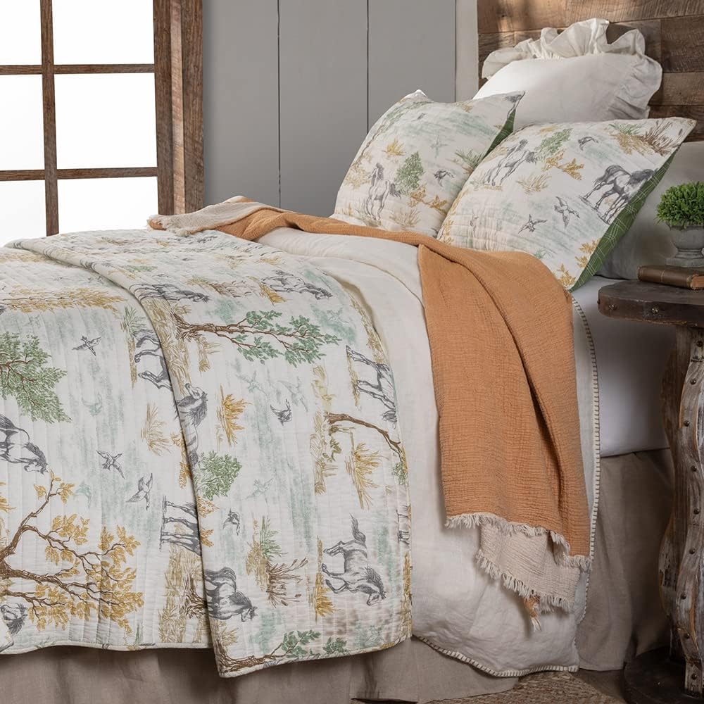 Rod's Graystone Meadow (Quilt)-Twin Quilt-Horse Toile Western -Green Gray Taupe Tan Brown White-Quilt Size (68x88in.)-Reversible-Cotton