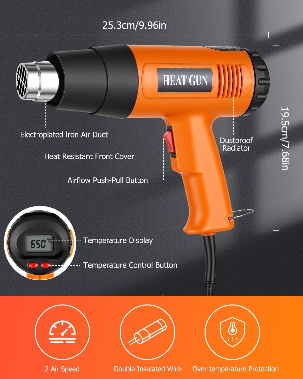 Décapeur Thermique 2000W 50-650℃ Pistolet à Air Chaud 2 Débits Protection Surcharge 6 Accessoires