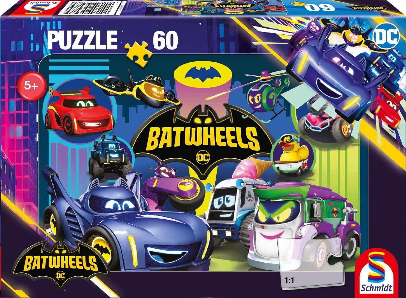 Schmidt Spiele 56488 Batwheels, Batmobile Contre Légion des Buses Puzzle 60 pièces pour Enfants