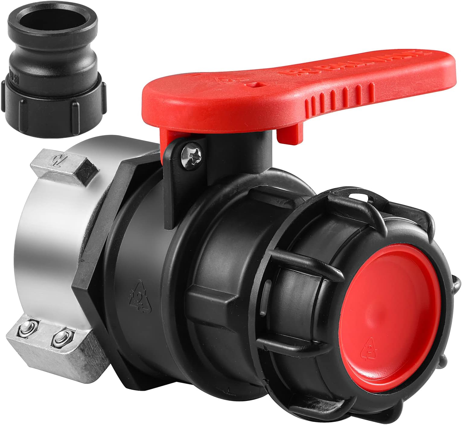 Catilon 75mm IBC Tote Adapter Ball Valve, Black & Red, 2.95" Coarse Thread, Polyethylene Plastic, 2-Port, Suitable for IBC Containers, Garden Hoses, RVs