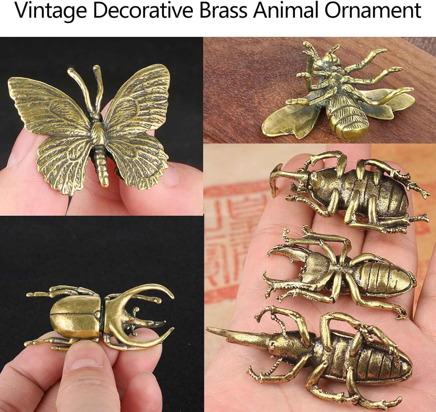 SnowOwl 6PCS Vintage Brass Gold Bee Beetle Decorations Statues Sculpture Solid Metal Animal Insect Ornament Miniature Figurines Long Horn Bug for Home Office Garden Desktop Decor (Bronze-3)