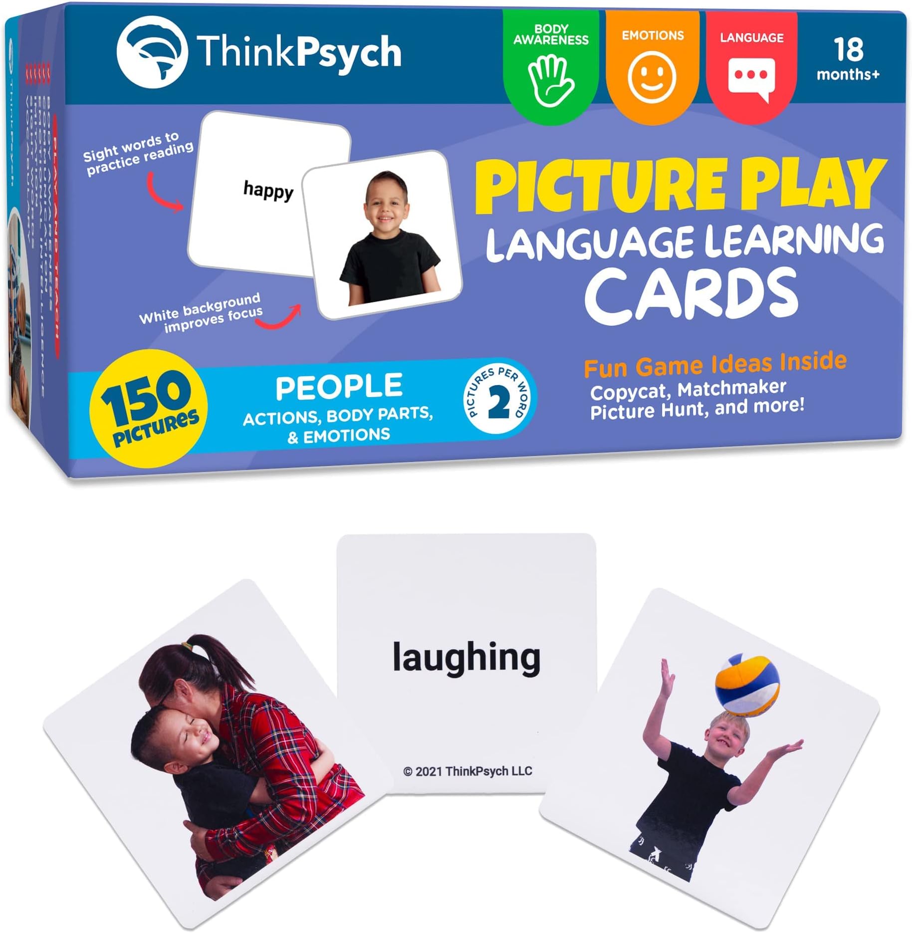 ThinkPsych People Words Flashcards - 150 Action Words, Body Parts, and Emotions - Picture Cards for Speech Therapy Materials & Autism Learning Materials - Body Parts for Toddlers