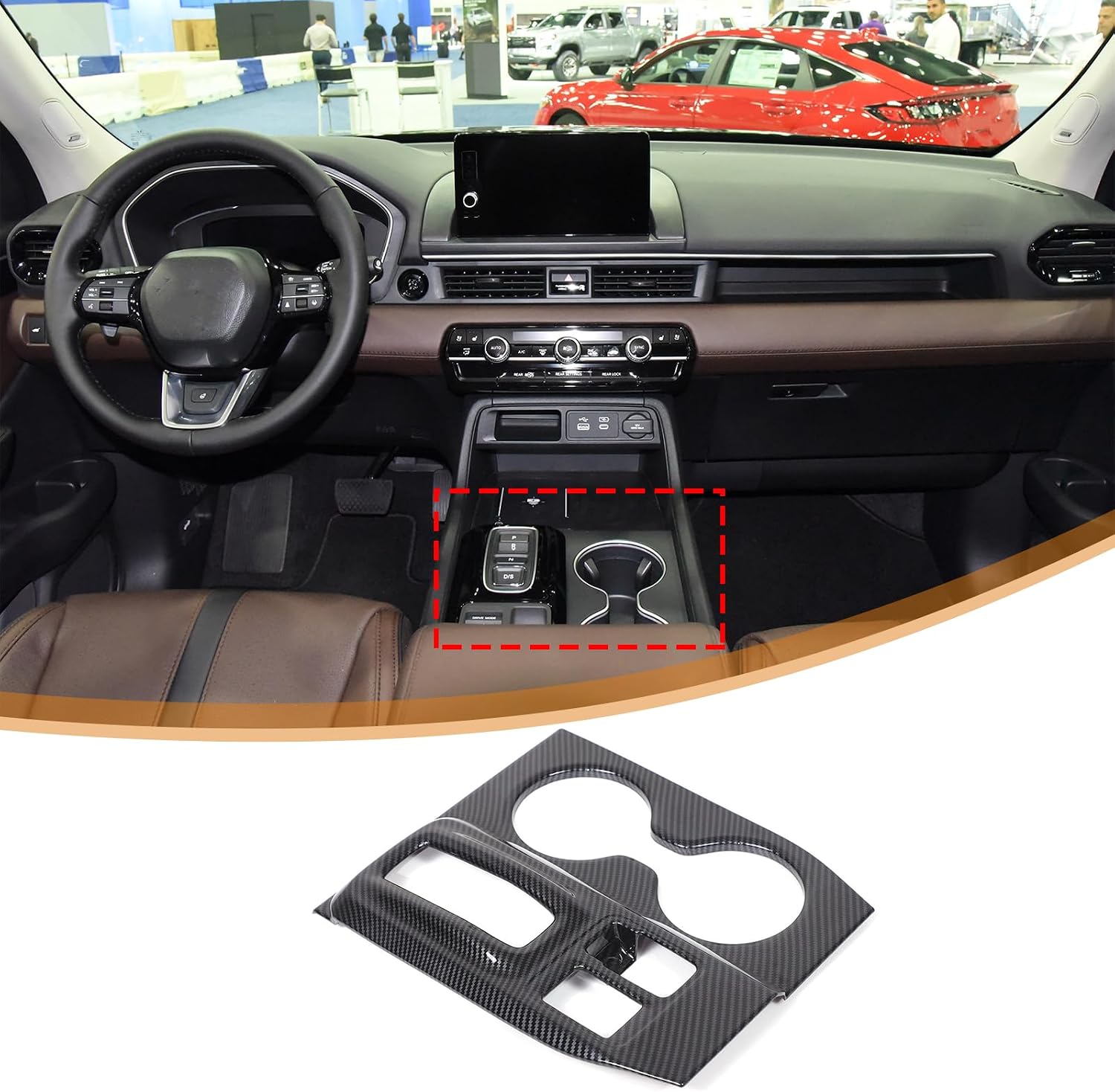 Center Console Gear Shift Panel Trim Cover Cup Holder Frame Cover Compatible with Honda Pilot 2023 2024/ Passport 2026 (Carbon Fiber)