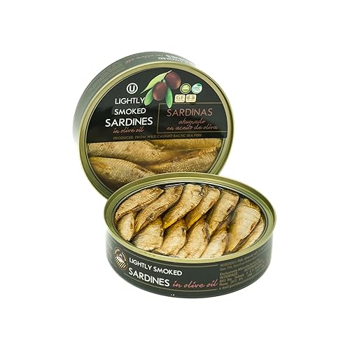 Sardinas ligeramente ahumadas en aceite de oliva, latas de 5.6 onzas (paquete de 5) Sardinas ligeramente ahumadas en aceite de oliva, latas de 5.6 onzas (paquete de 5)