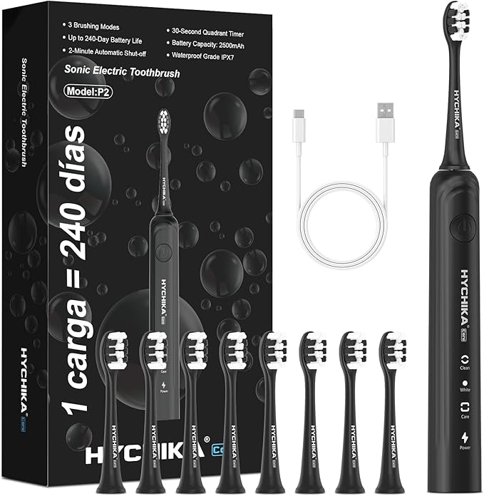 Cepillo de dientes eléctrico sónico para adultos,recargable 240 días de duración de batería con 2500mAh,8 cabezales de repuesto,3 modos de limpieza y resistencia al agua IPX7,negro