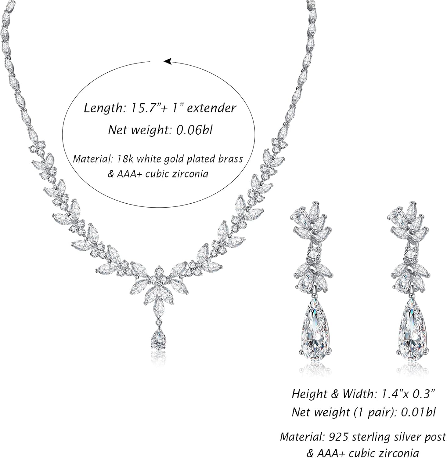 Jewelry Set for Women, Cubic Zirconia Necklace Dangle Earrings & Bracelet Jewelry Set for Bride Bridesmaid Wedding Engagement Prom Party - Image 2