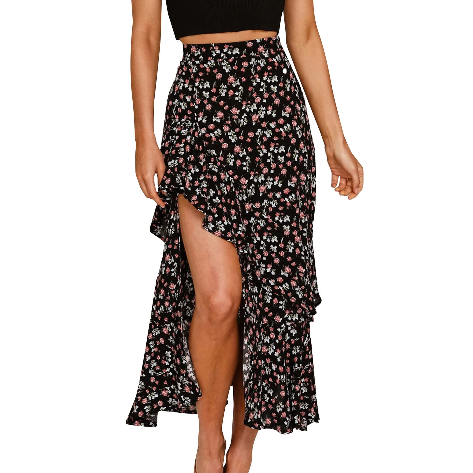 TEERFUWomens Boho Floral Skirt High Low Split Summer Beach Midi ElasticHigh Waist Flowy Skirts