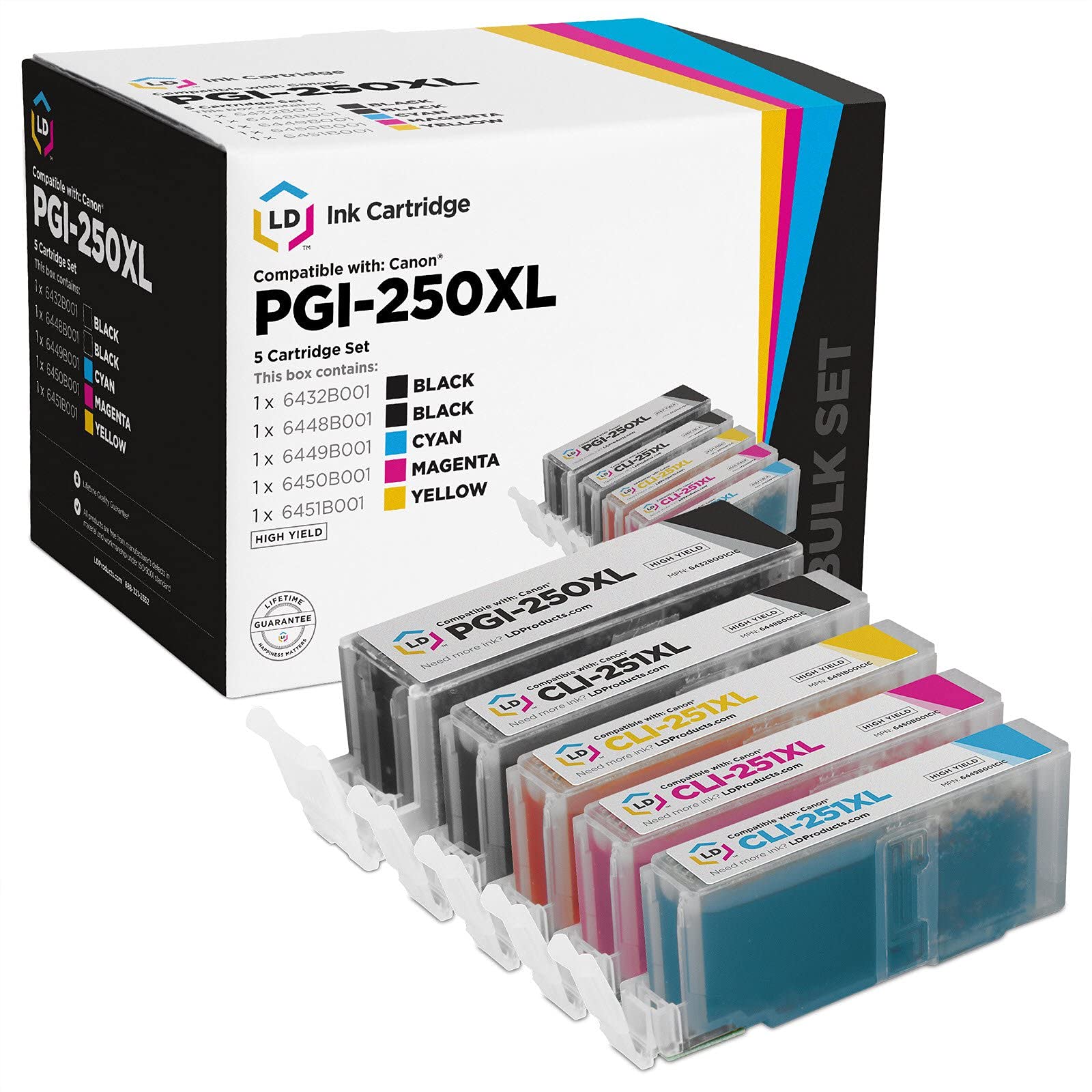 LD Compatible Ink Cartridge Replacement for Canon PGI250XL & CLI251XL High Yield (Pigment Black, Black, Cyan, Magenta, Yellow, 5-Pack) Compatible with PIXMA iP7220 iX6820 MG5520 MG5620 MG5 and More