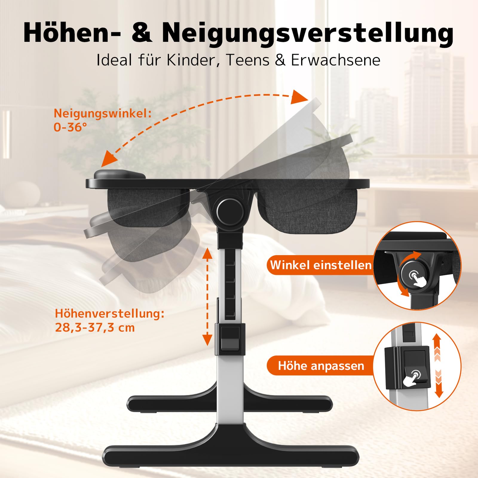 PUTORSEN Laptoptisch fürs Bett - Höhenverstellbar und Winkelverstellbar, 2-in-1 Laptopkissen Klappbar, Größere Laptop Tisch für Bett Sofa Couch Boden, 58 x 37cm Schwarz