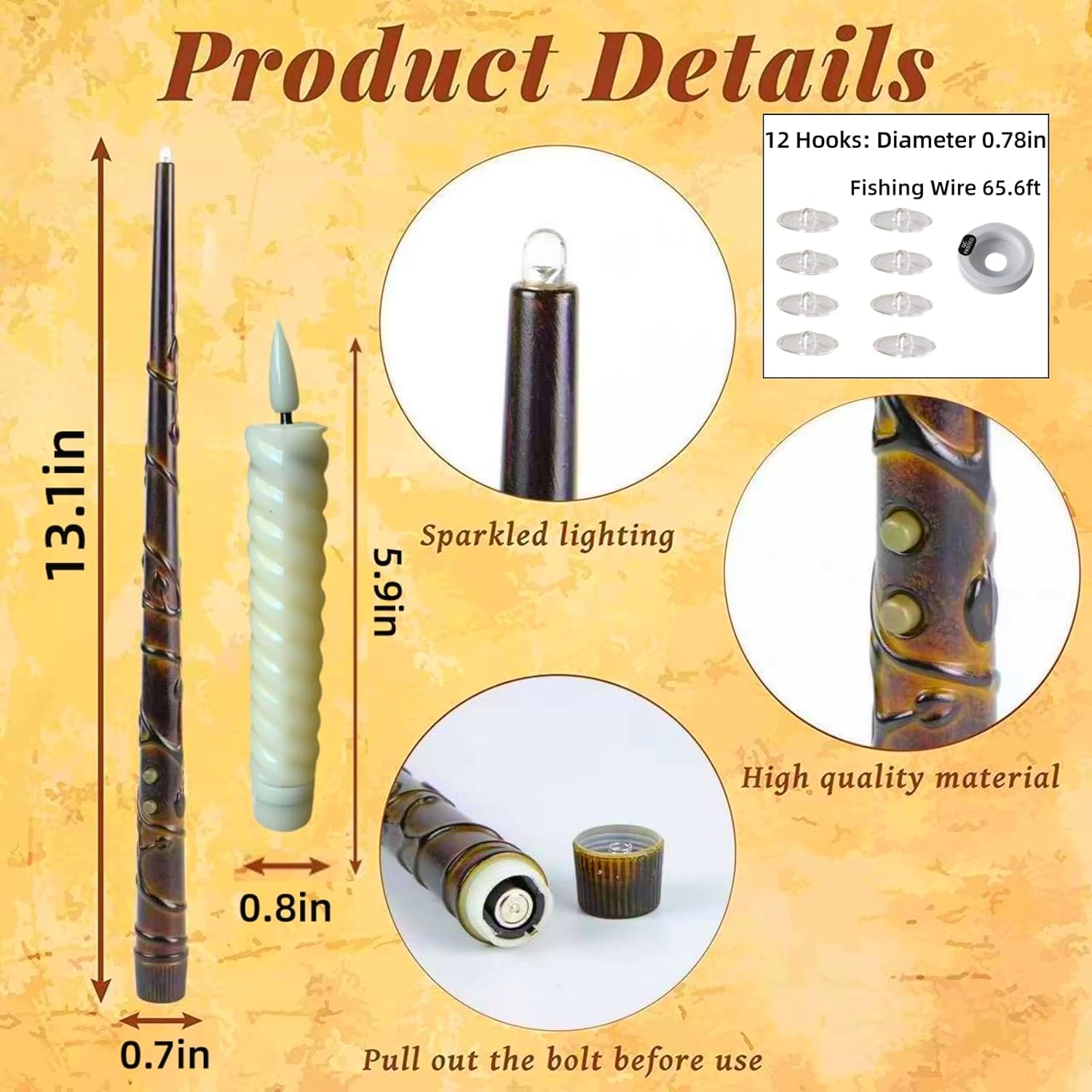 12 Pcs Flameless Taper Candles,Magic Wand Remote Control,Battery Powered Flameless Spiral Candles,Flame for Halloween Christmas Church Wedding