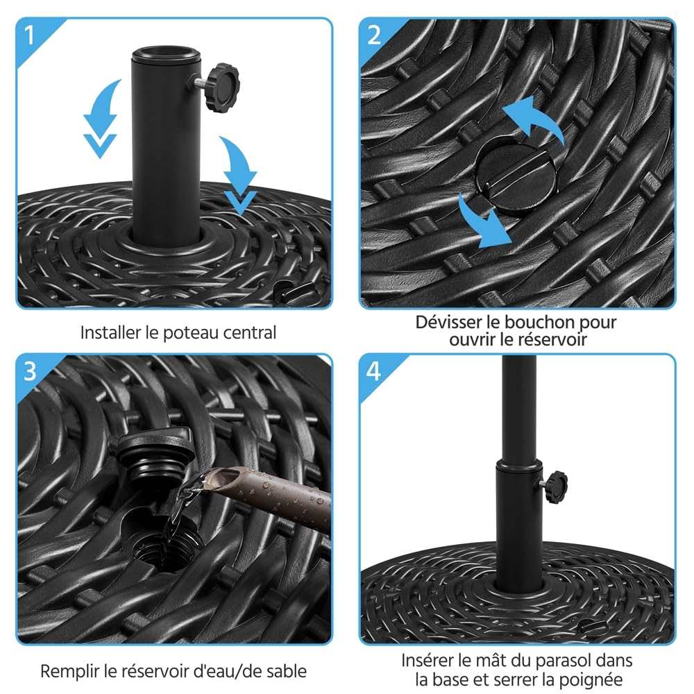 Yaheetech Pied de Parasol Remplie d'eau 22 L Base de Parasol en HDPE Imitation Rotin Socle de Parasol Extérieur pour Mât de Parasol de Ø 3,8 cm/4,8 cm Jardin Terrasse Piscine Noir