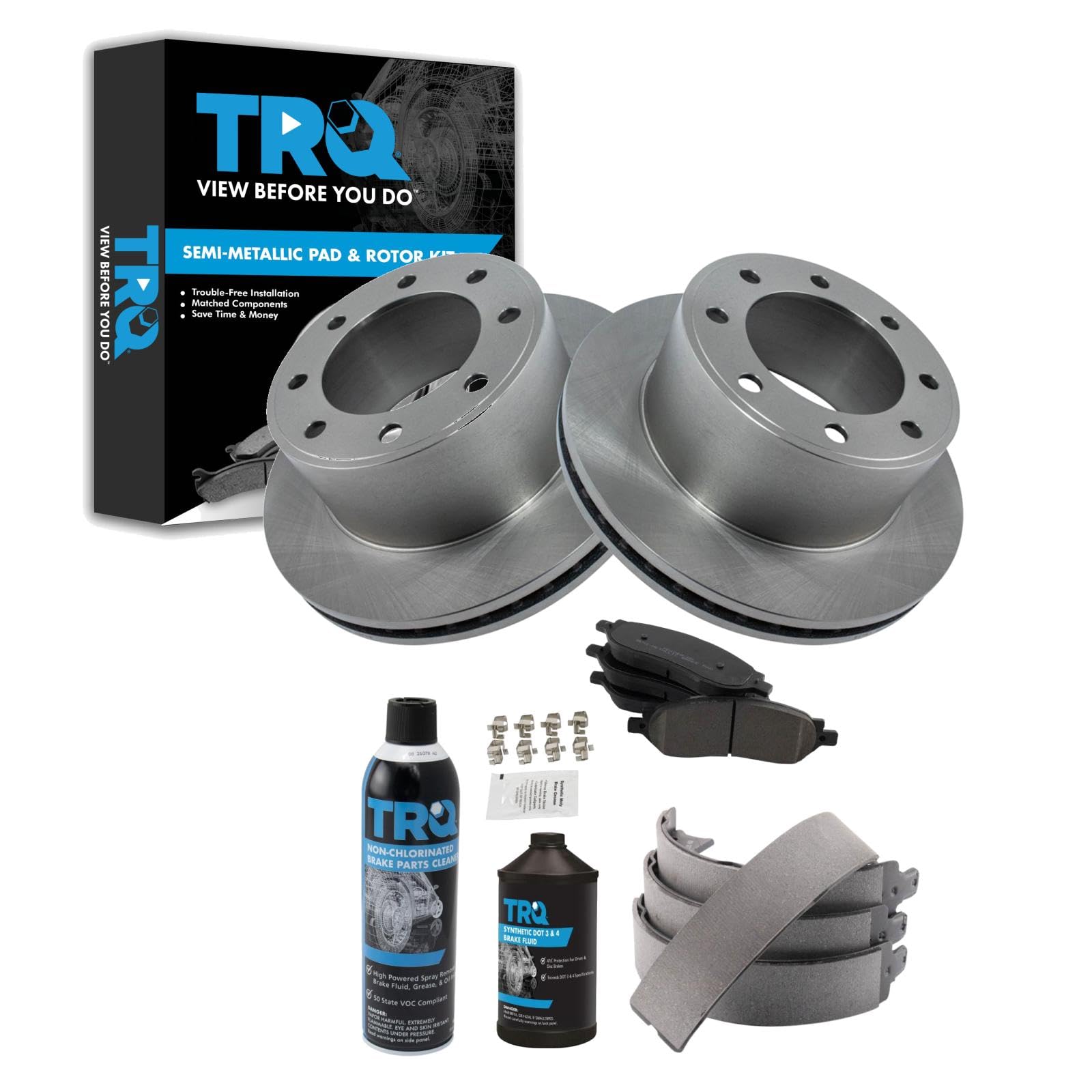 TRQ Rear Brake Pad &amp; Rotor Kit, with Chemical Kit Parking Brake Shoe Set Semi-Metallic Compatible with 2005-2007 Ford F-250 Super Duty F-350 Super Duty