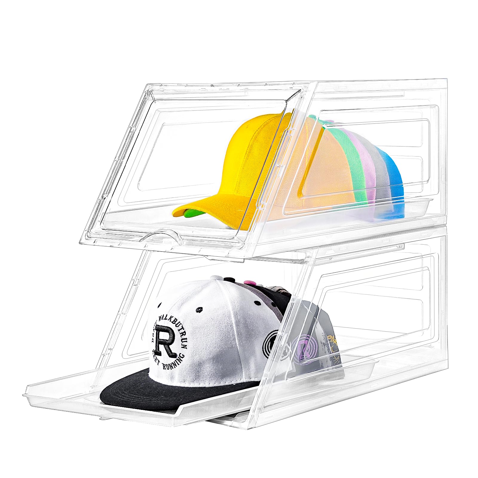Photo 1 of 2 Pack Hat Organizer for Baseball Caps,Large Clear Cap Organizer with Drawer,Hats Holder Box for Closet with Sliding Tray,Stackable Hat Rack Display Case,Multi-use Hat Case for Caps,Each Holds 12 Hats