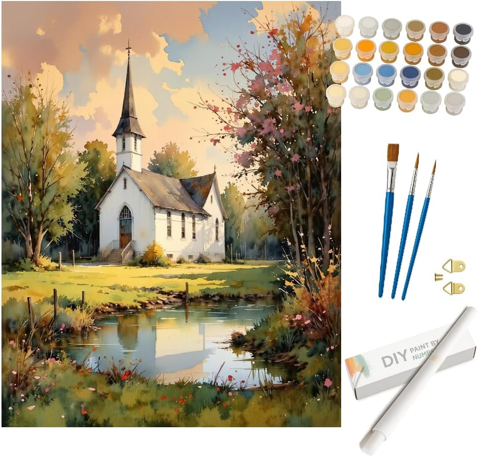 Country Church Landscape Paint by Numbers Kit for Adults - DIY Chapel Scene Painting on Canvas, Acrylic Paint Set, Suitable for Beginners, Art for Home Decoration or Gifts(12X16IN Framed)