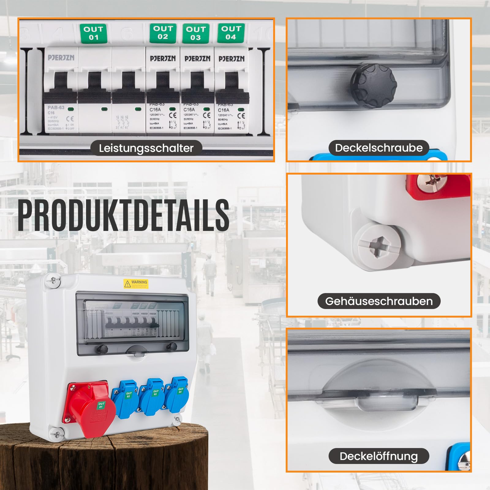 Distributore di corrente da cantiere con presa CEE da 16 A, distributore da parete, IP44, per cantieri e officine, con 3 x 16 A 1P LS + 1 x 16 A 3P LS (3 x 16 A 1P LS + 1 x 16 A 3P LS)