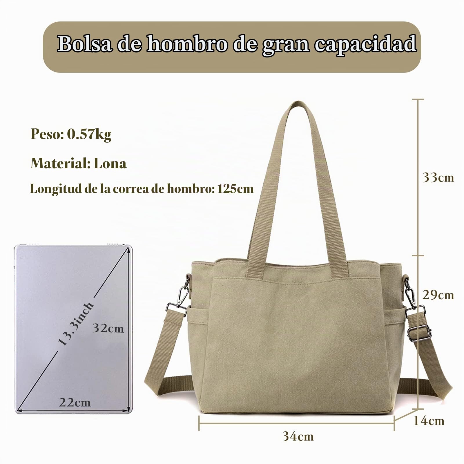 CORIOS Bolso de Hombro para Mujer Bolso Bandolera Lona Bolso de Mano Gran Capacidad Bolsa Shopper Casual Bolso Tote Multifuncional Bolsa de Ocio para Compras Viajes Citas Trabajo Caqui