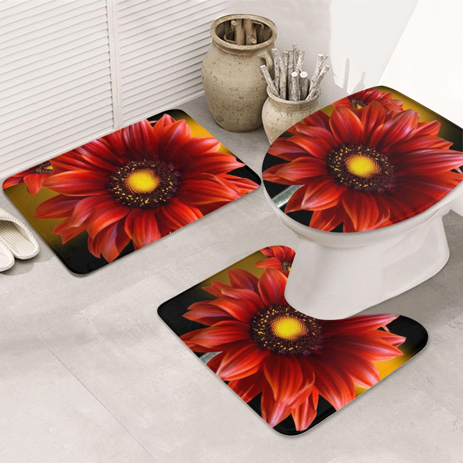 Tapis de salle de bain en U lot de 3 avec motif tournesol rouge