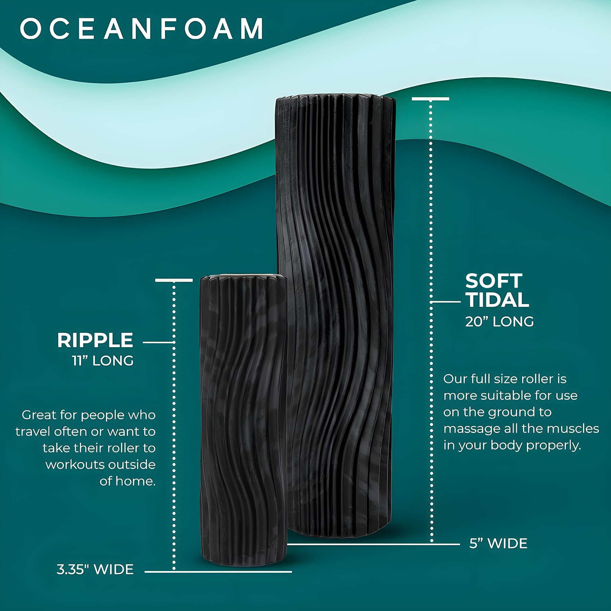 Oceanfoam Weicher Gezeitenroller (Schwarz & Anthrazit marmoriert) – Schaumstoffrolle mit niedriger Dichte für Physiotherapie, Rückenschmerzen, Übung und Dehnung – Wellenstruktur – Yoga & Wellness