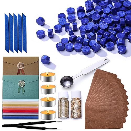 Kit de sellado de cera de 298 piezas, incluye 250 cuentas de cera de sellado dorado champán, 1 cuchara de fusión, 4 velas, 30 sobres vintage, 1