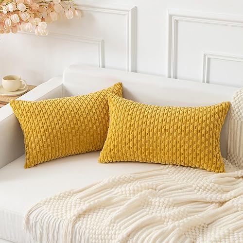 Vista 349 de Kevin Textile - Juego de 2 fundas decorativas para cojines, de pana y con moderno estilo campestre bohemio a rayas para decorar hogar, sofá, cama