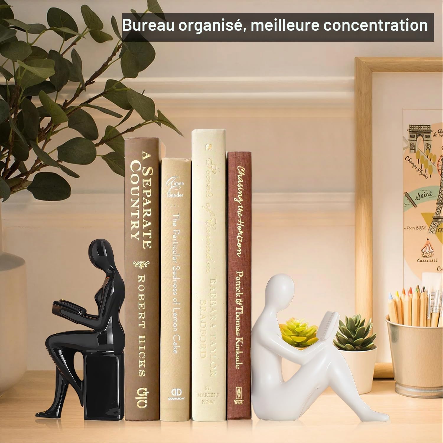 Qualsen The Reader Serre Livre Robuste Et Antidérapant, Support Livres Humanoïdes pour La Maison, Le Bureau, La Bibliothèque Et L'école Serre-Livres Décoratifs, Cale Livre Le Bureau Noir et Blanc