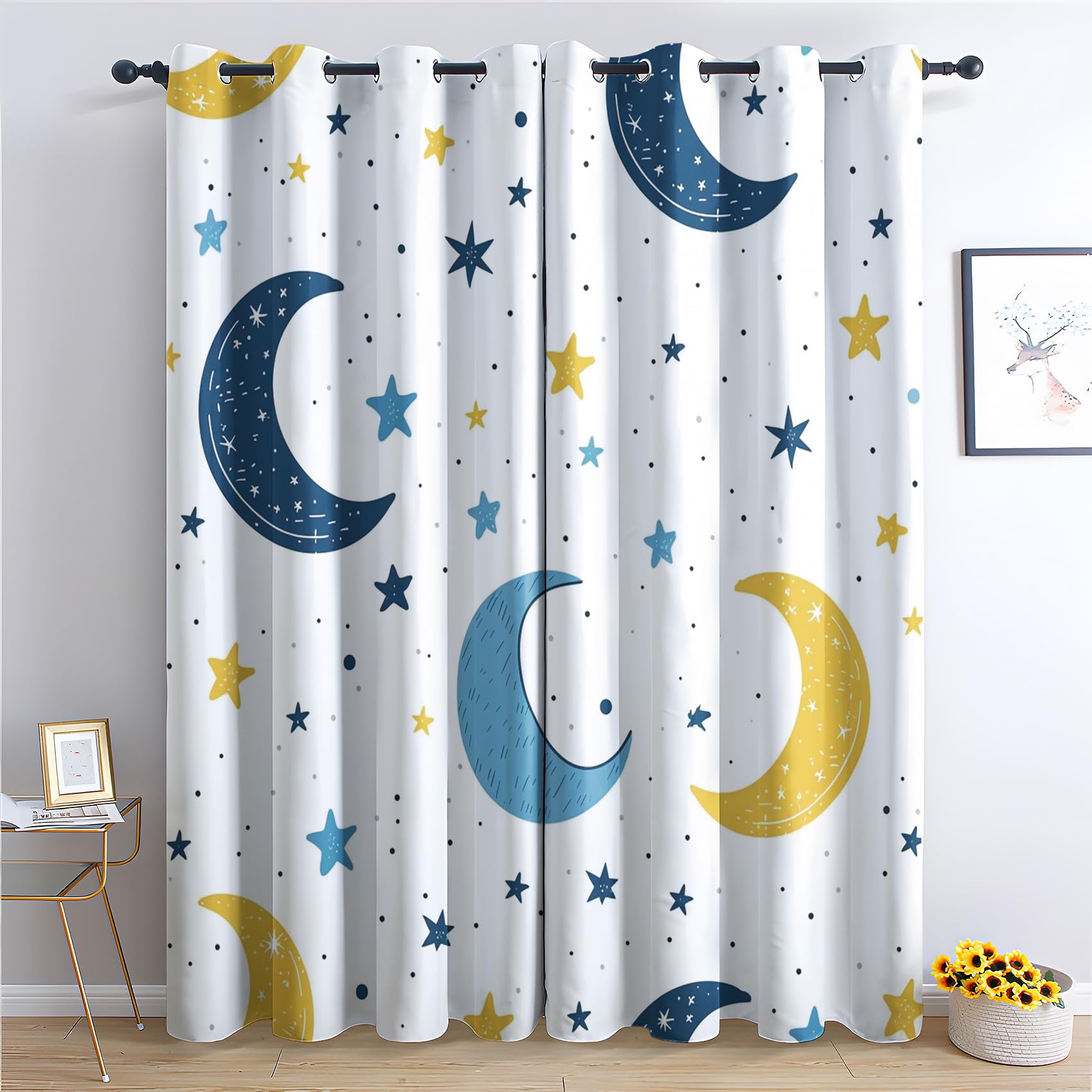 Rideau Occultant étoile Et Lune - Rideau Thermique Motif Enfant Dessin Animé Blanc, Rideaux Chambre Salon Fenetre, Lot de 2 Rideaux et Draperies Intérieurs à Oeillets, 140x180 cm (LxH) S-&238