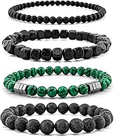 Lameybrt Men's Layered Bracelet Set: Tiger Eye, Matte Agate, Lava Rock - Adjustable 6-12" Natural Stone Stack for Yoga, Gifts