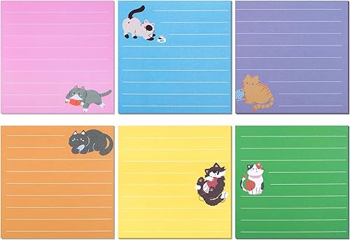Paquete de 12 notas adhesivas para gatos, 6 colores forrados para listas de tareas, notas autoadhesivas de animales de 2.992 x 2.992 in con líneas