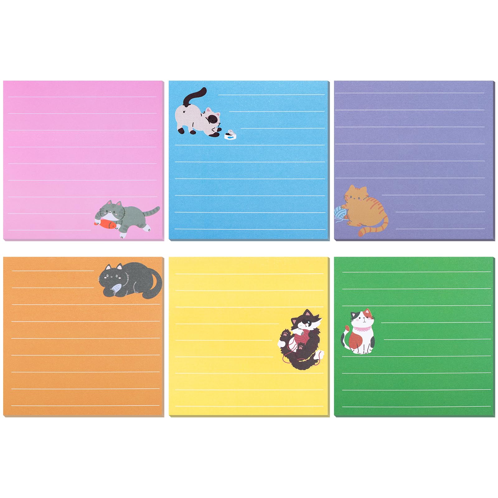 JIANTA 12 Pack Cat Sticky Notes, 6 Colours Lined to Do List Notepads, 76 x 76mm Cute Animal Self-Stick Notes with Lines for Office, School (480 Sheets)