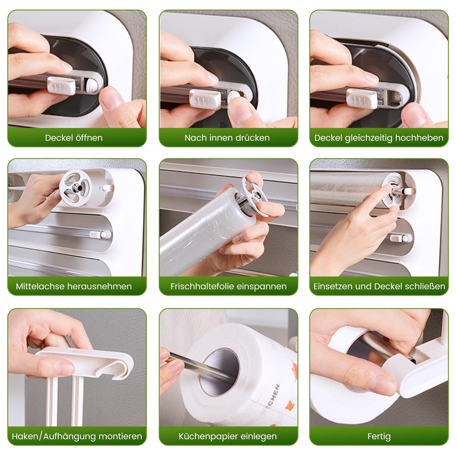 Dispensador de Papel Film y Aluminio & Soporte para Rollos de Cocina 4 en 1, Portarrollos Cocina con Cortador, Sin Taladrar, Pared y Contraparte Magnética, con Clips de Cierre (Negro)