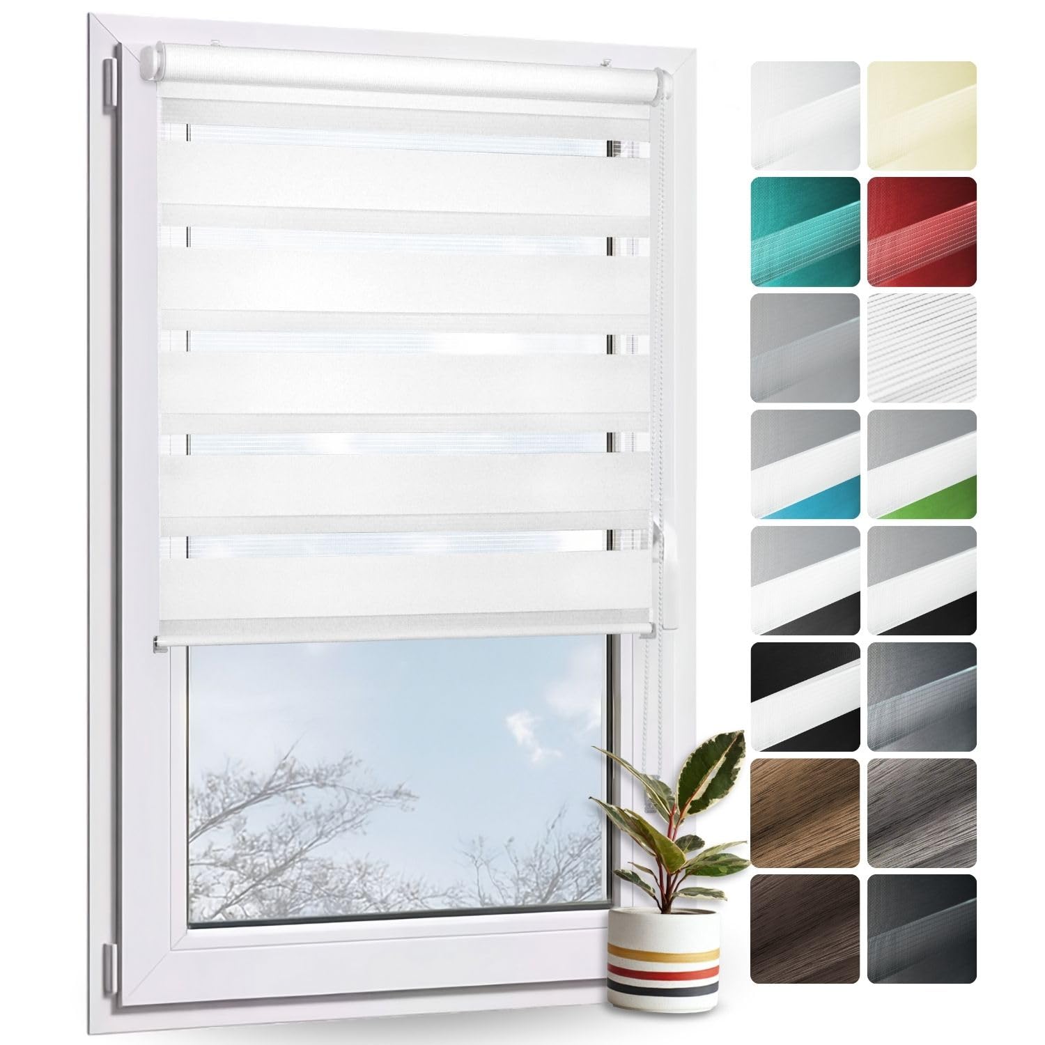 Rollmayer Doppelrollo Klemmfix ohne Bohren Klemmrollo Fensterrollo (Weiß 85 x 130 cm BxH) Duo Rollo Sonnenschutzrollo Zebrarollo Seitenzugrollo für Fenster und Tür
