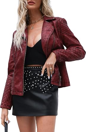 Bellivera Womens Faux Leather Casual Moto Lightweight Jacket