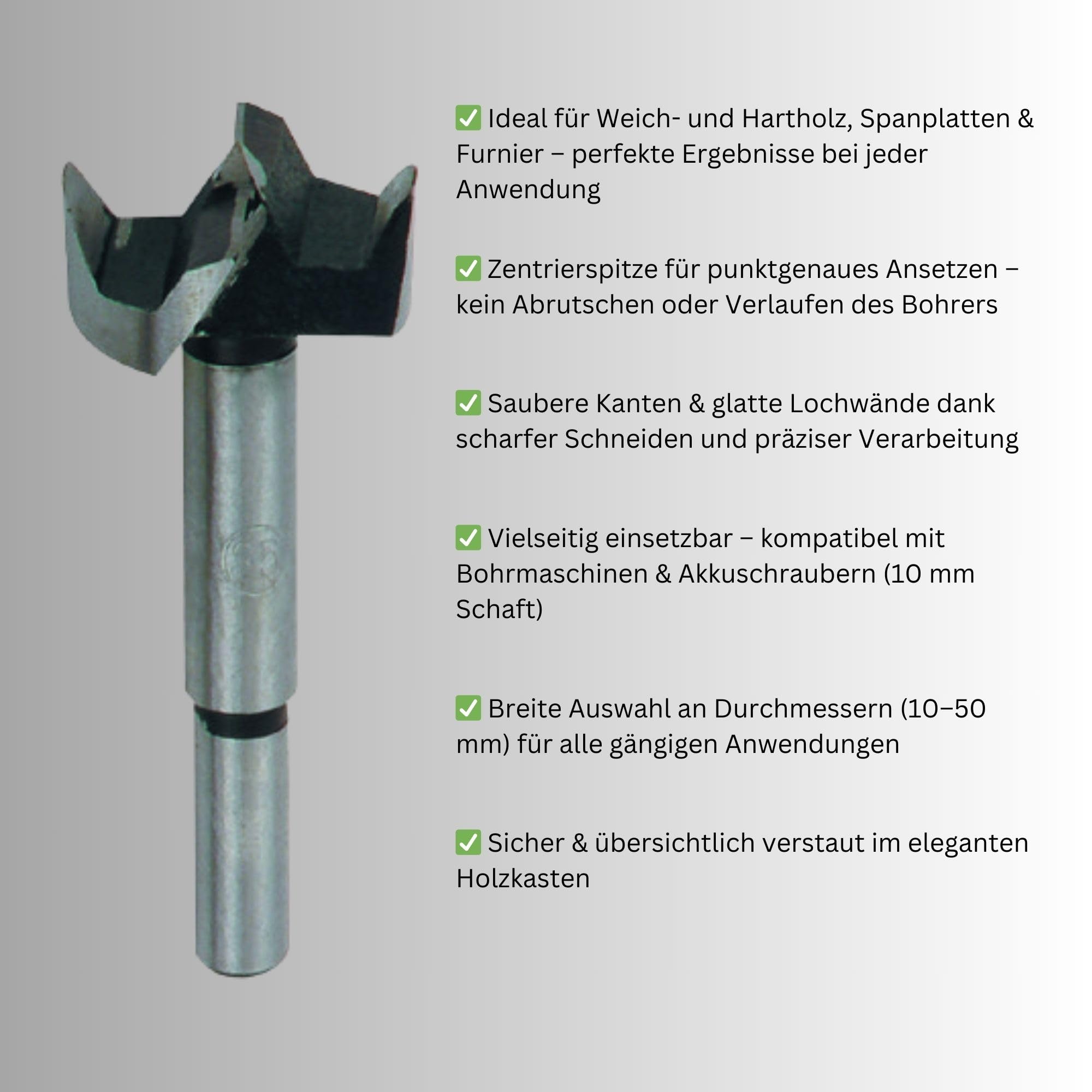 Forstnerbohrer Set 15-tlg. Ø10–50 mm im Holzkoffer – Holzbohrer aus hochwertigem C45 Stahl – Ø10 mm Zylinderschaft – für Hartholz, Weicholz, MDF und Spanplatten - von CF Technik