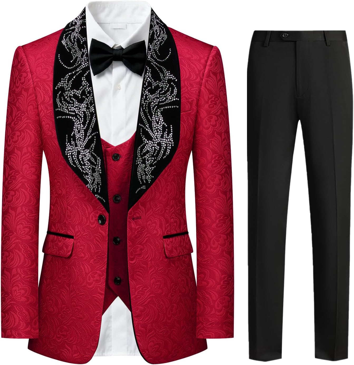 MOGU 3 Piece Floral Mens Suit Shawl Lapel One Button Tuxedo Rhinestones Jacket Vest Pants