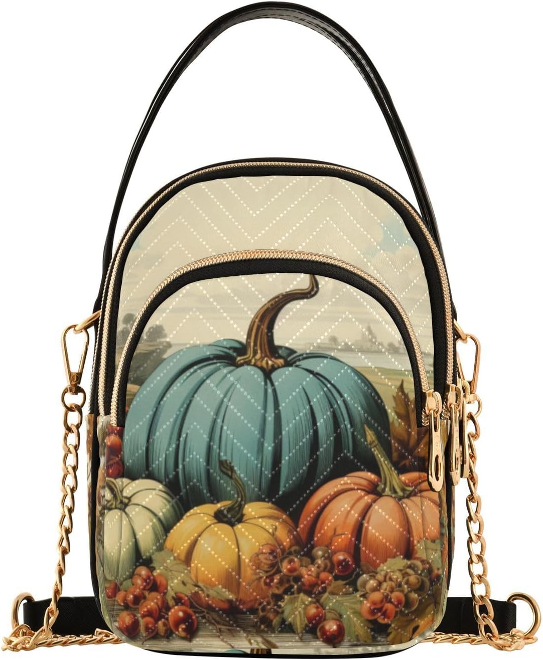 Vintage Thanksgiving Harvest Pumpkin Quilted Crossbody Bags for Women – Vegan Leather Purses Small Shoulder Handbags with Chain Strap