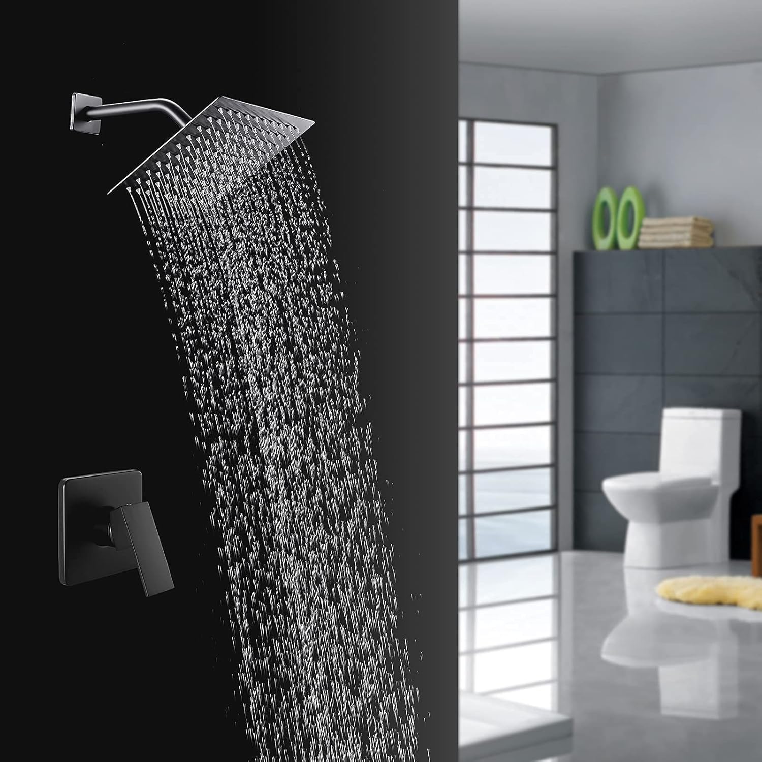POPFLY Black Shower Faucet Set, High Pressure 8 Inchs Square Shower Rainfall Head, Bathroom Single Funtion Shower Mixing Valve Kit with Rough in Valve…