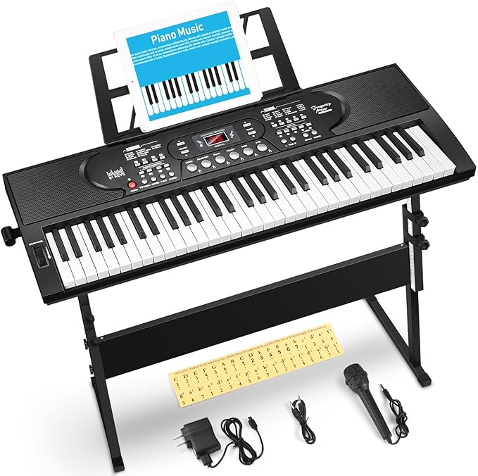 61 Key Keyboard Piano with Stand, Portable Electric Piano Keyboard Kit for Beginners with Stand, Microphone,Note Stickers, Music Rest, Digital Music Keyboard Built-In Speakers